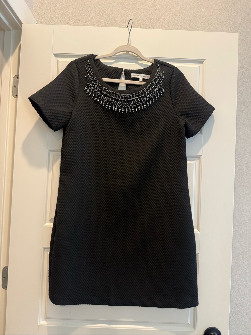cupcakes & cashmere Black Jeweled Neck Shift Dress